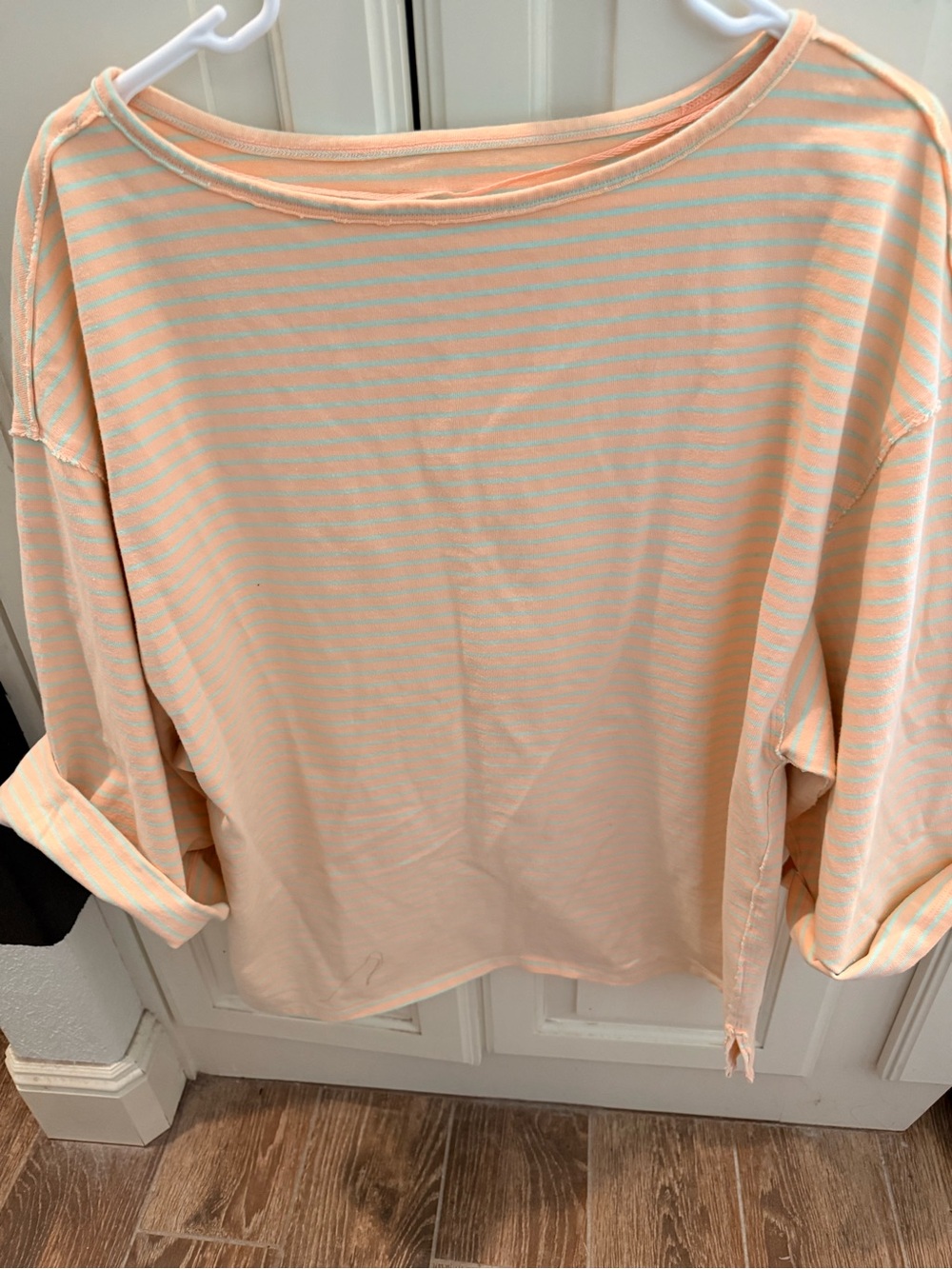 We The Free Peach and Mint Striped Long-Sleeve Boatneck Top